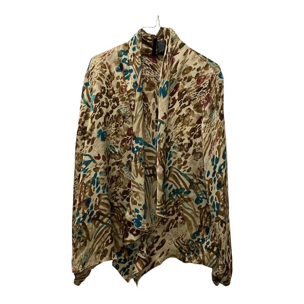 NEW Directions Top LARGE Animal Print Tie Neck Long Sleeve Blouse Office Leopard